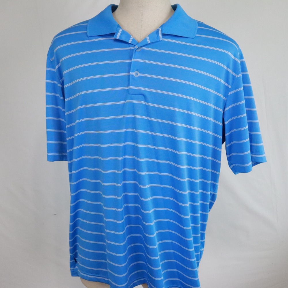 Adidas Golf Polo‎ Shirt Mens XL Puremotion Performance Blue Striped Short Sleeve